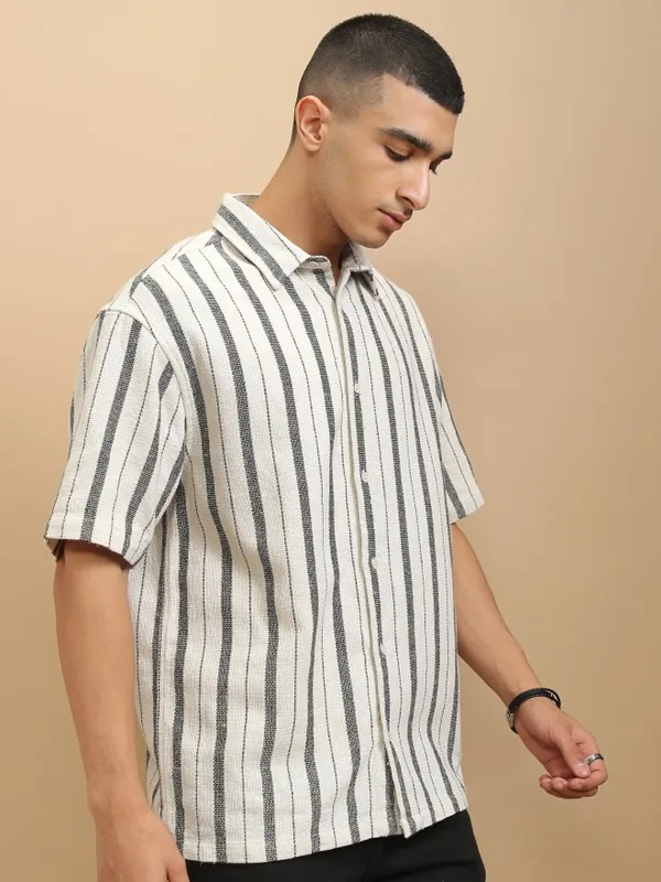 Highlander Men Beige Striped Oversized Fit Casual Shirt