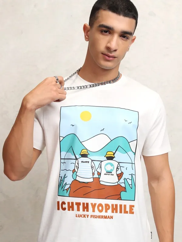 Highlander Men Off White Printed Round Neck Regular Fit T-Shirt