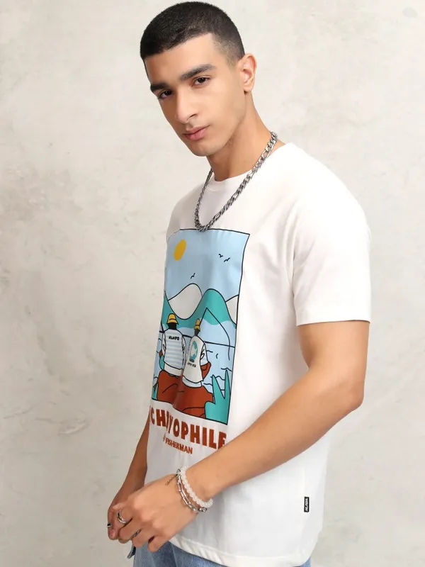 Highlander Men Off White Printed Round Neck Regular Fit T-Shirt