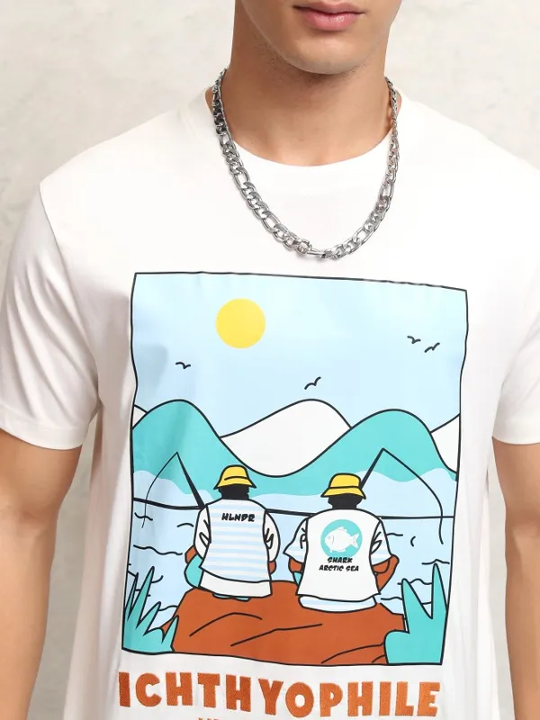 Highlander Men Off White Printed Round Neck Regular Fit T-Shirt
