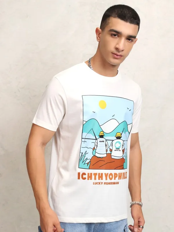 Highlander Men Off White Printed Round Neck Regular Fit T-Shirt