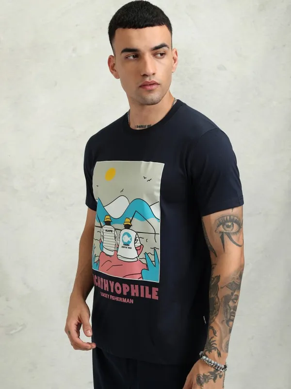 Highlander Men Navy Blue Printed Relaxed Fit T-Shirt