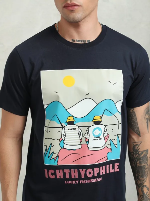 Highlander Men Navy Blue Printed Relaxed Fit T-Shirt