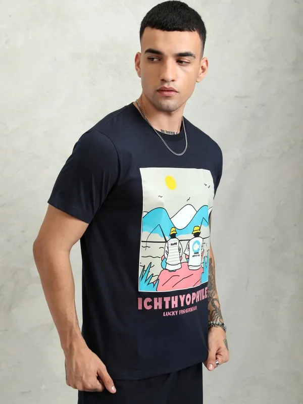 Highlander Men Navy Blue Printed Relaxed Fit T-Shirt