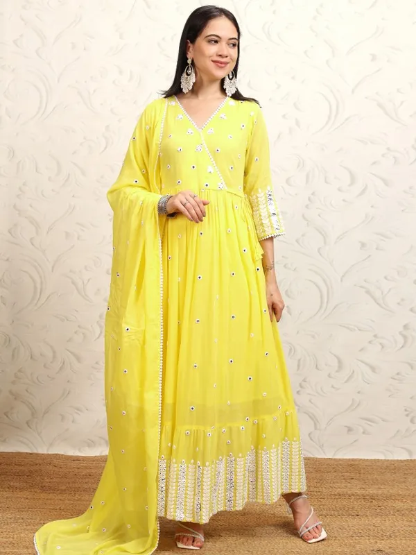 Vishudh Women Yellow Embroidered Kurta With Trousers & Dupatta