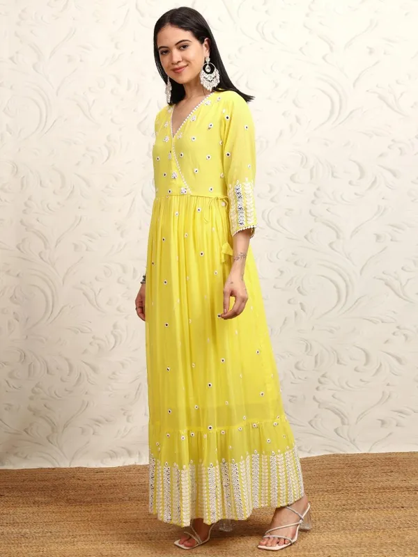 Vishudh Women Yellow Embroidered Kurta With Trousers & Dupatta