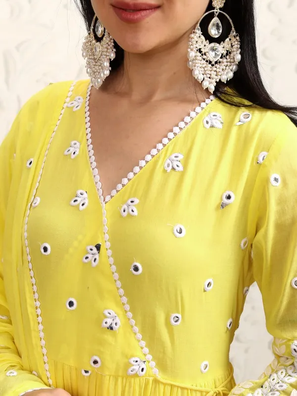 Vishudh Women Yellow Embroidered Kurta With Trousers & Dupatta