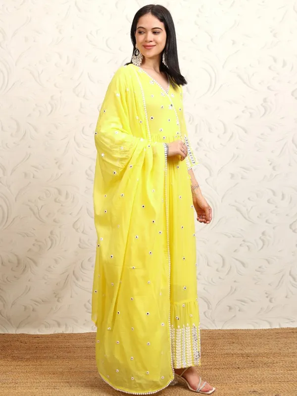 Vishudh Women Yellow Embroidered Kurta With Trousers & Dupatta