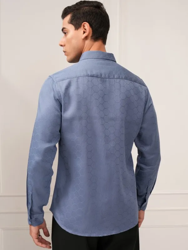 Highlander Men Blue Textured Slim Fit Casual Shirt