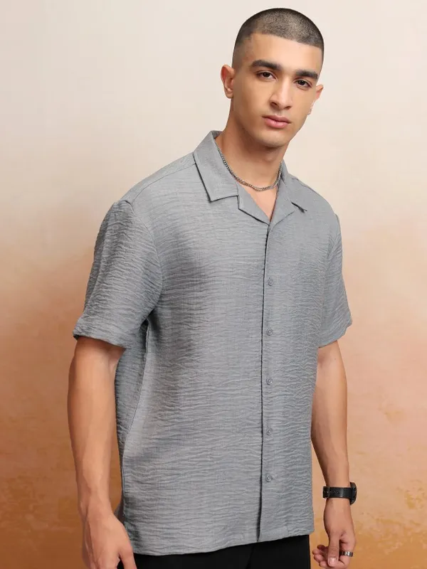 Highlander Men Grey Textured Relaxed Fit Casual Shirt