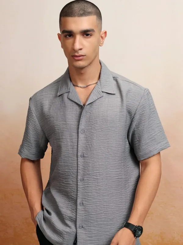 Highlander Men Grey Textured Relaxed Fit Casual Shirt