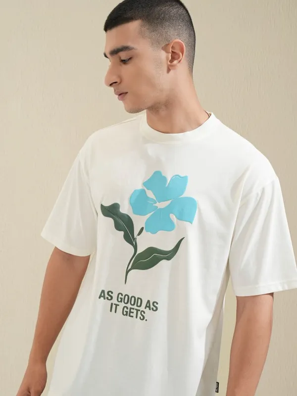 Highlander Men Off White Printed Round Neck Oversized Fit T-Shirt