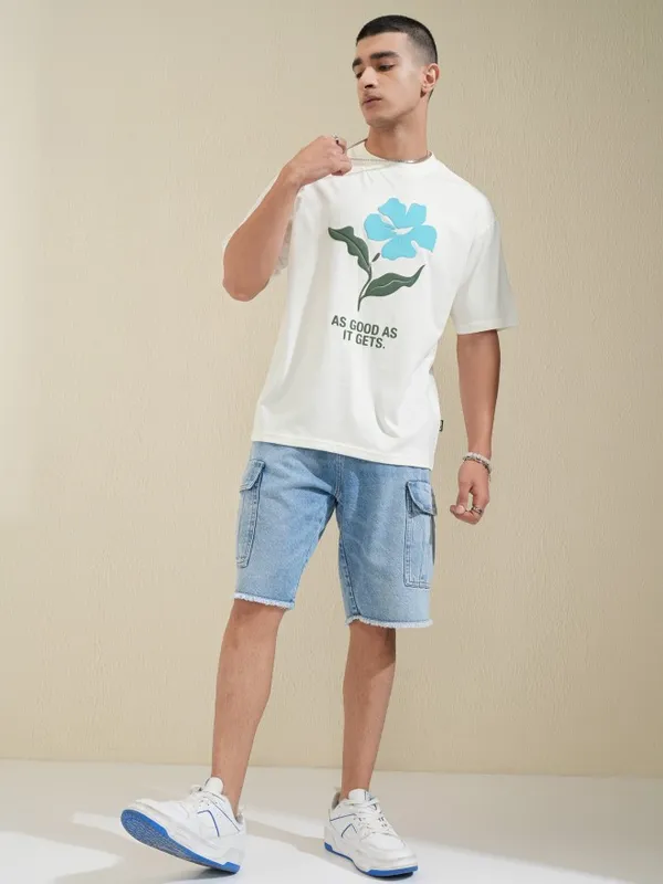 Highlander Men Off White Printed Round Neck Oversized Fit T-Shirt