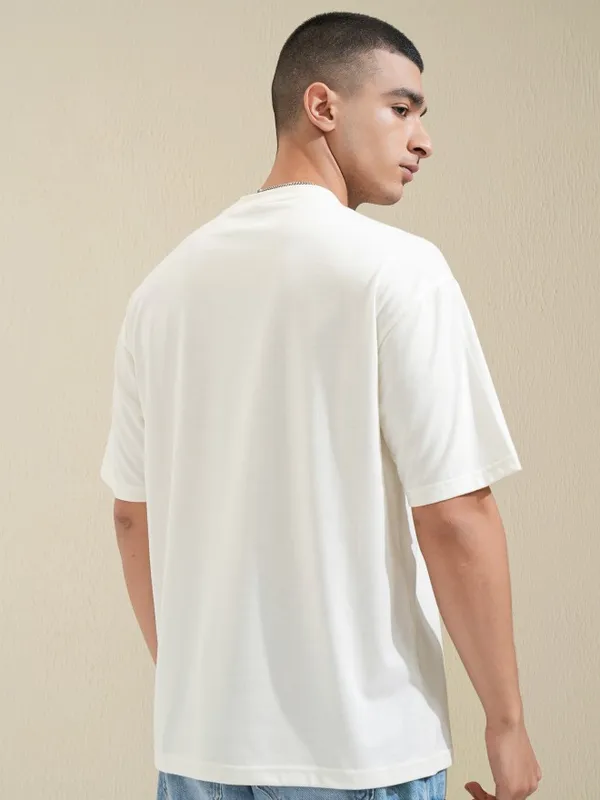 Highlander Men Off White Printed Round Neck Oversized Fit T-Shirt
