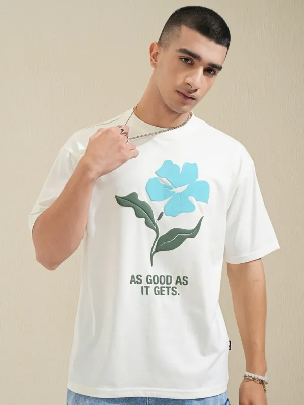 Highlander Men Off White Printed Round Neck Oversized Fit T-Shirt