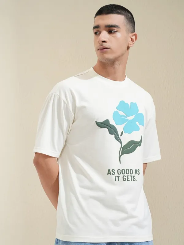 Highlander Men Off White Printed Round Neck Oversized Fit T-Shirt