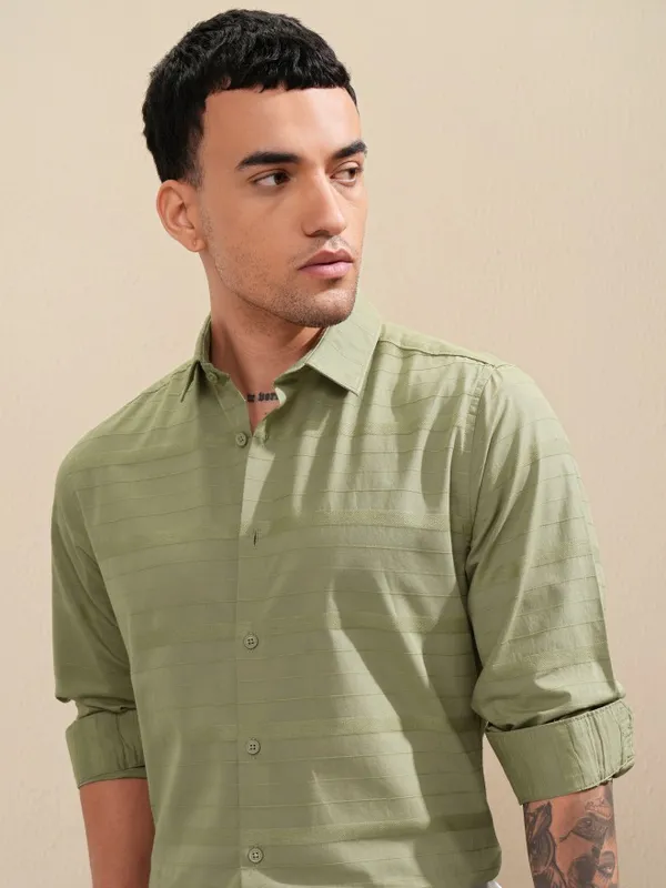 Highlander Men Olive Striped Slim Fit Casual Shirt