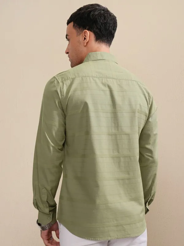 Highlander Men Olive Striped Slim Fit Casual Shirt