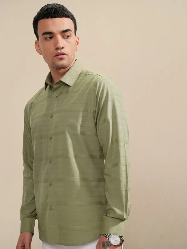 Highlander Men Olive Striped Slim Fit Casual Shirt