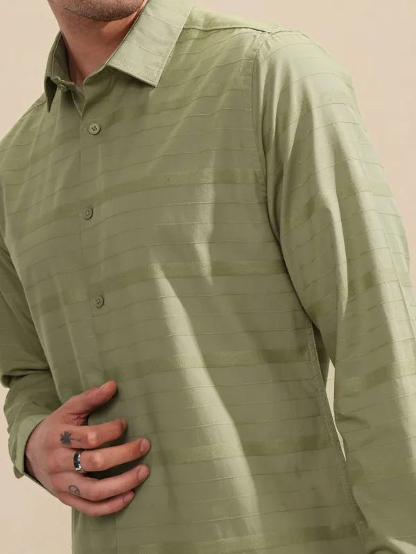 Highlander Men Olive Striped Slim Fit Casual Shirt