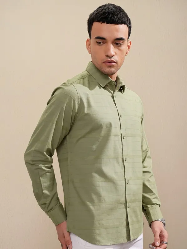 Highlander Men Olive Striped Slim Fit Casual Shirt