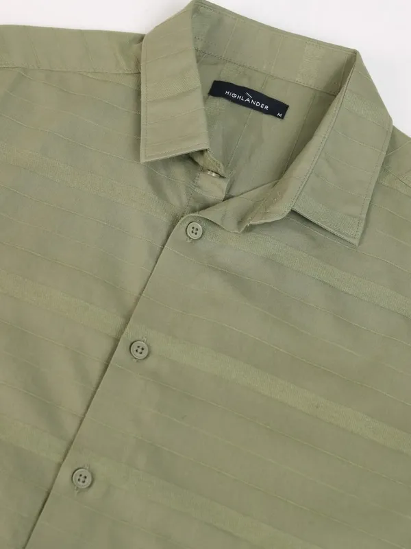 Highlander Men Olive Striped Slim Fit Casual Shirt