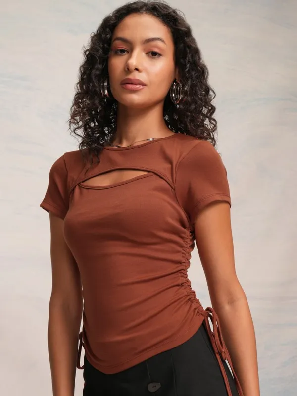 
Tokyo Talkies Women Brown Solid Fitted Top