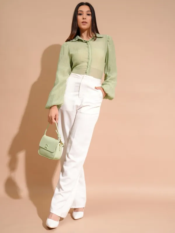 Tokyo Talkies Women Green Self Design Shirt Style Top