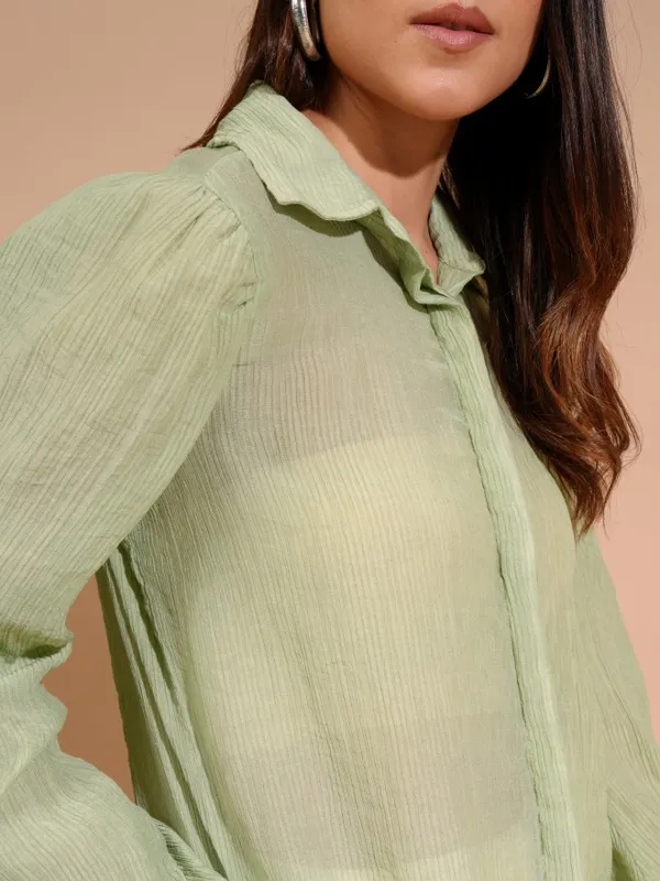 Tokyo Talkies Women Green Self Design Shirt Style Top