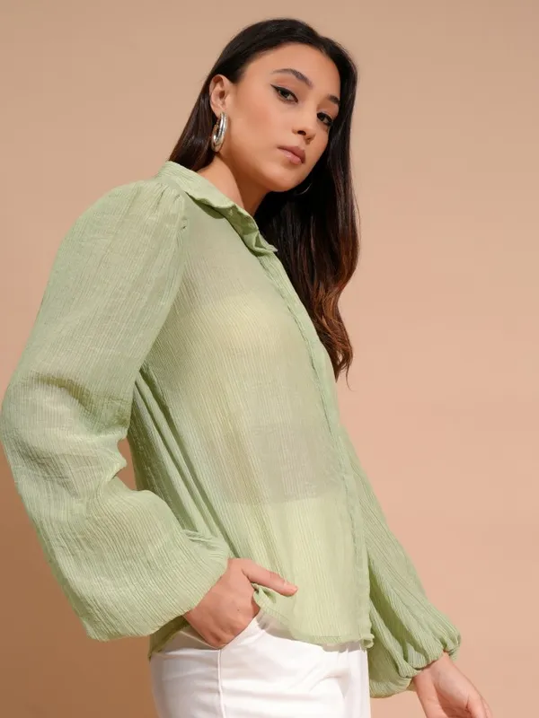 Tokyo Talkies Women Green Self Design Shirt Style Top