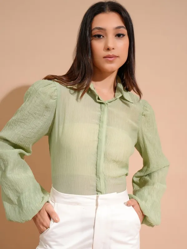 Tokyo Talkies Women Green Self Design Shirt Style Top