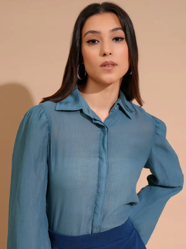 Tokyo Talkies Women Blue Self Design Shirt Style Top