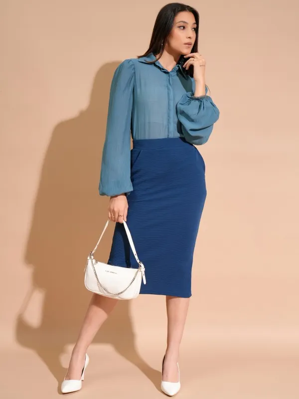 Tokyo Talkies Women Blue Self Design Shirt Style Top