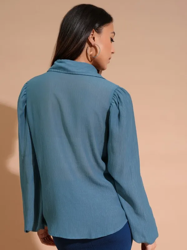 Tokyo Talkies Women Blue Self Design Shirt Style Top