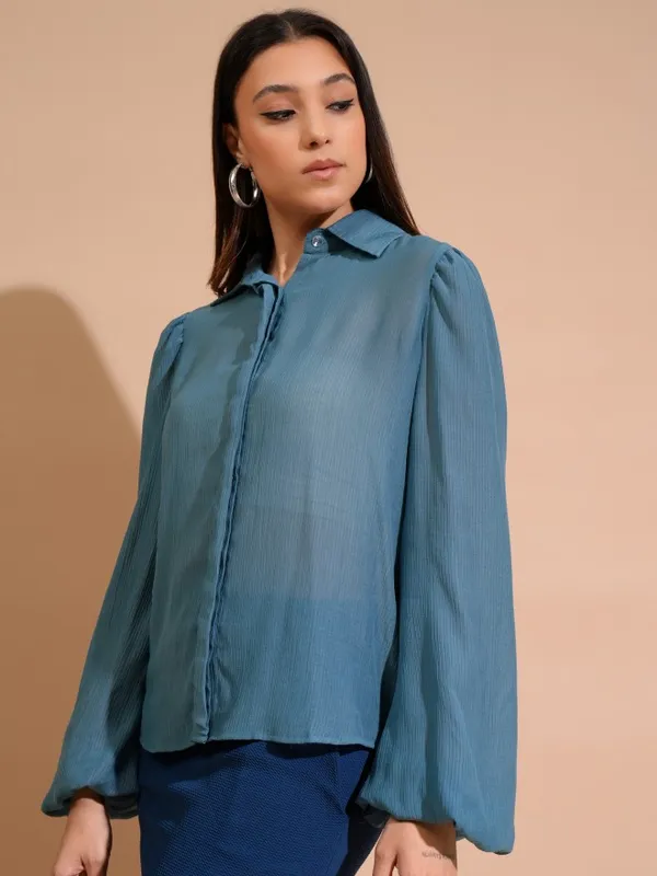 Tokyo Talkies Women Blue Self Design Shirt Style Top