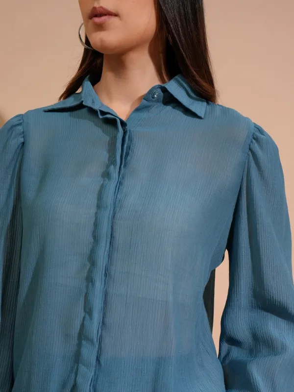 Tokyo Talkies Women Blue Self Design Shirt Style Top