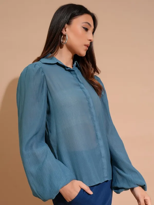 Tokyo Talkies Women Blue Self Design Shirt Style Top