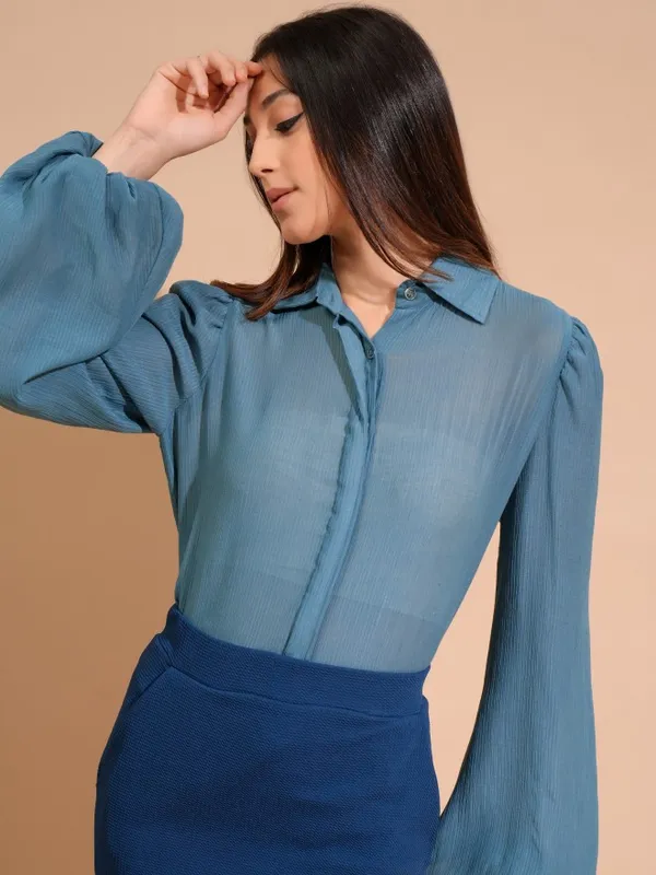 Tokyo Talkies Women Blue Self Design Shirt Style Top