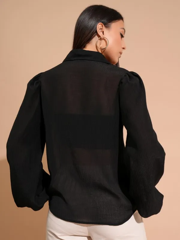 Tokyo Talkies Women Black Self Design Shirt Style Top