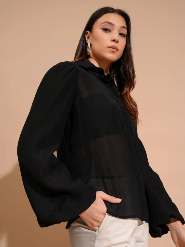 Tokyo Talkies Women Black Self Design Shirt Style Top