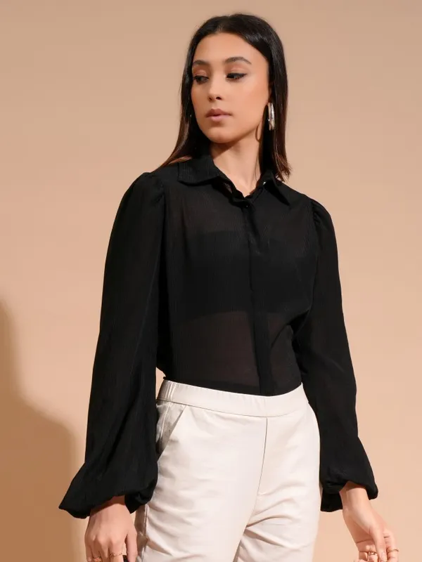 Tokyo Talkies Women Black Self Design Shirt Style Top