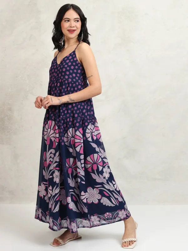 Tokyo Talkies Women Navy Blue Printed Maxi Dress