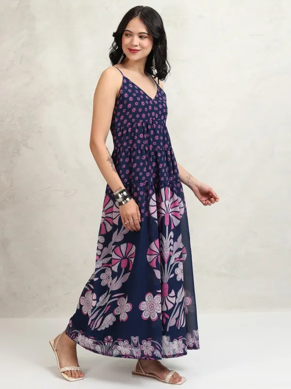 Tokyo Talkies Women Navy Blue Printed Maxi Dress