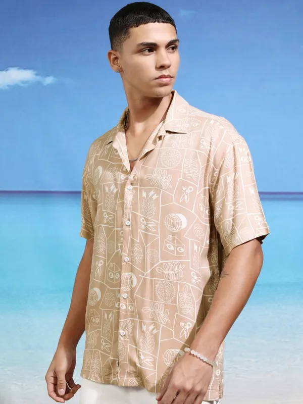 Highlander Men Beige Printed Relaxed Fit Casual Shirt