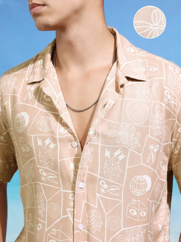 Highlander Men Beige Printed Relaxed Fit Casual Shirt
