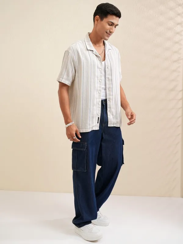 Locomotive Men Beige Striped Relaxed Fit Casual Shirt