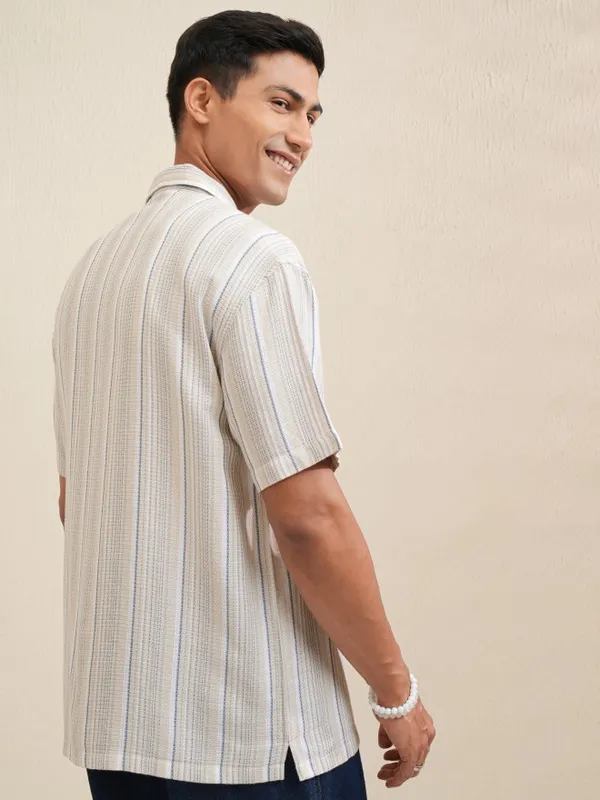 Locomotive Men Beige Striped Relaxed Fit Casual Shirt