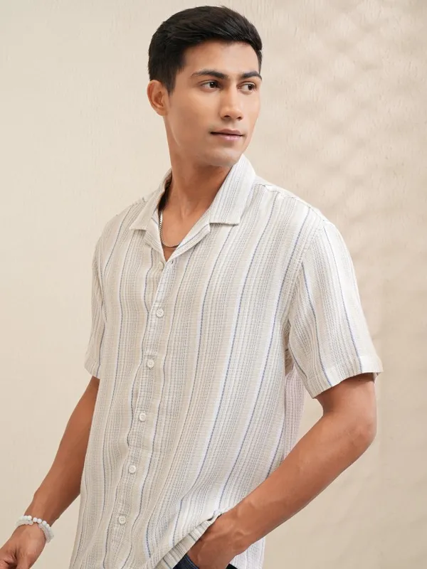 Locomotive Men Beige Striped Relaxed Fit Casual Shirt
