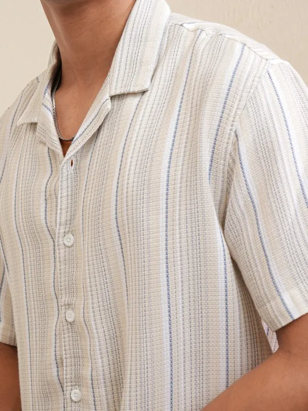 Locomotive Men Beige Striped Relaxed Fit Casual Shirt
