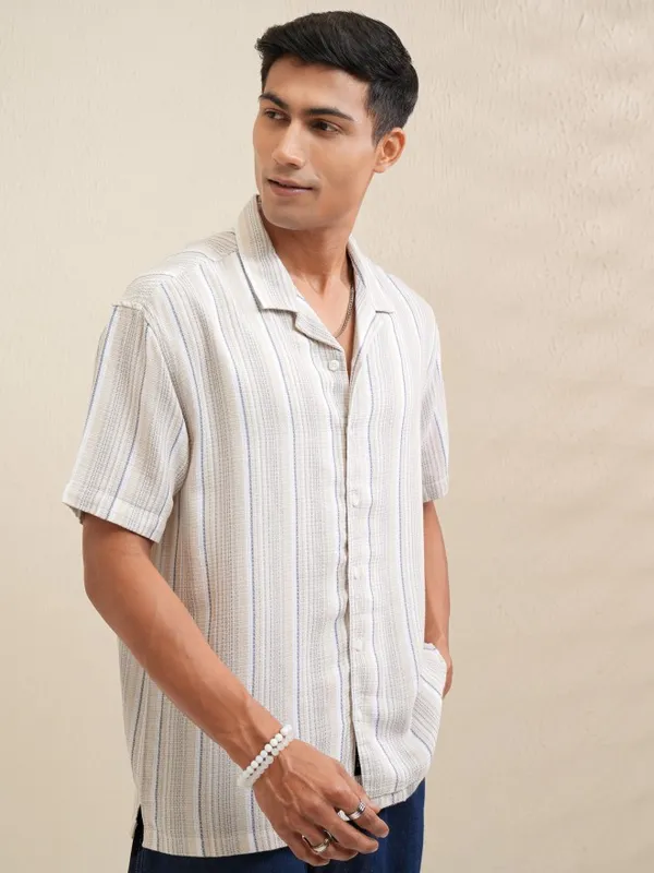 Locomotive Men Beige Striped Relaxed Fit Casual Shirt